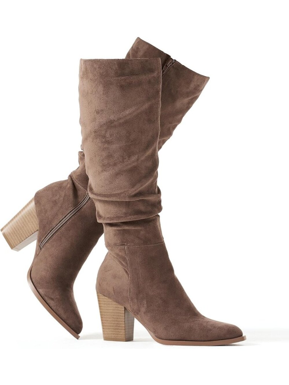 Women's Brown Slouchy Knee High Boots Faux Suede Pointed Toe Chunky Heel Boots